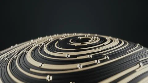 3d render Flying over golden ball with circular topographic lines and particles Illustrazione stock