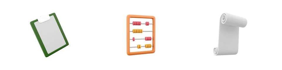 3d render folder, calculator, paper roll icon set on white background. 3d Illustrazione stock