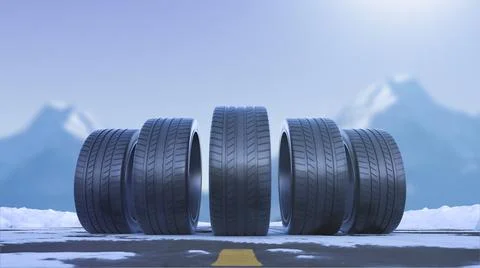 3d render four car wheels drive on a snowy road Stock-Illustration