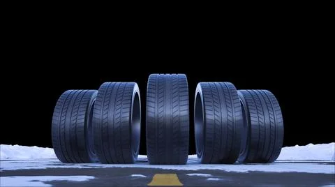 3d render four car wheels drive on a snowy road on a black background Stock Illustration