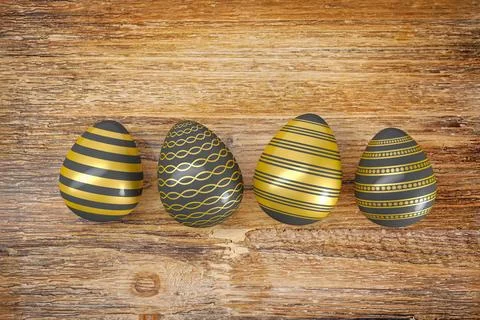 3d render - four gold, black, painted easter eggs Stock Illustration