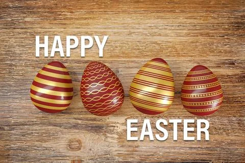 3d render - four gold, red, painted easter eggs Stock Illustration