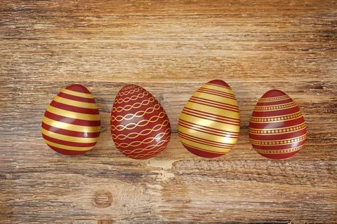 3d render - four gold, red, painted easter eggs Stock Illustration