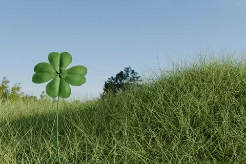 3d render of four leag clover on grassy hill Illustrazione stock