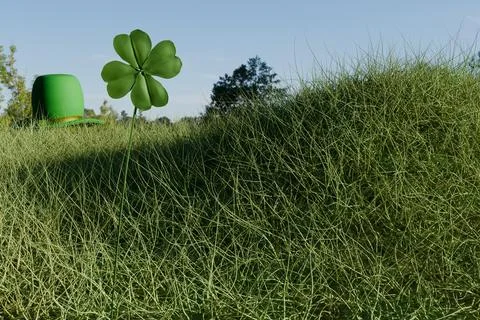 3d render of four leag clover and green top hat on grassy hill Stock Illustration