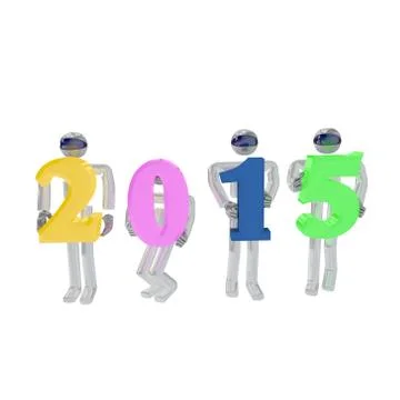 3d render of four robots greeting the new year by holding 2015 sign on white Stock Illustration