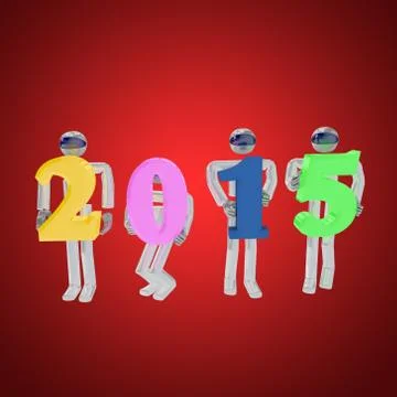 3d render of four robots greeting the new year by holding 2015 sign on red ba Stock Illustration