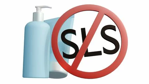 3D render: A "Free-From" label on cosmetic bottles. It highlights "No SLS," Stock Illustration
