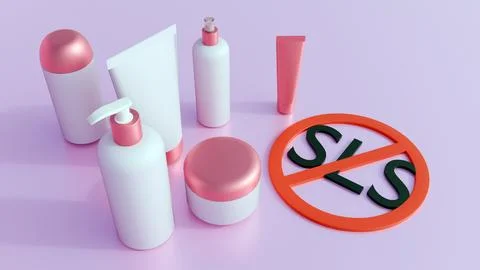 3D render: A "Free-From" label on cosmetic bottles. It highlights "No SLS," Stock Illustration