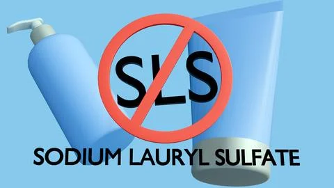 3D render: A "Free-From" label on cosmetic bottles. It highlights "No SLS," Stock Illustration