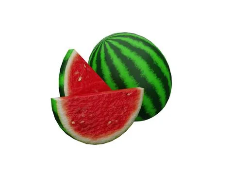 3d render Fresh watermelon slice beside whole fruit isolated on white backg.. Ilustración de archivo