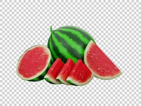 3d render Fresh watermelon slices and whole fruit on transparent background Stock Illustration