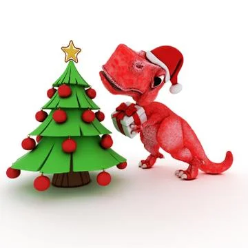 3D Render of Friendly Cartoon Dinosaur with christmas gift tree 스톡 일러스트