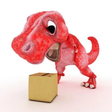 3D Render of Friendly Cartoon Dinosaur with cardboard box Illustrazione stock