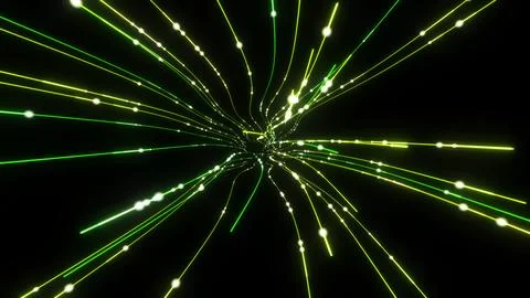 3D Render A futuristic, abstract digital scene featuring glowing green and .. Stock Illustration