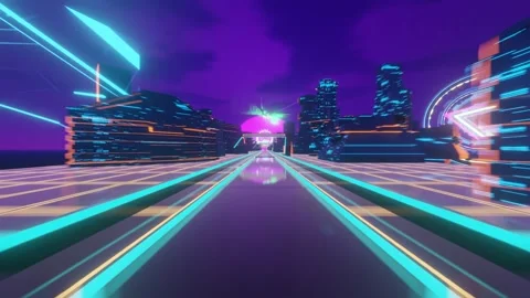 3d render Futuristic city at night with glowing neon lights illuminating streets Vidéo 273630612