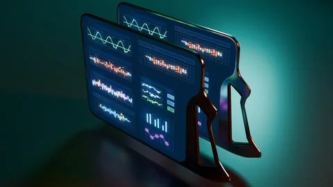 3D render of futuristic digital tablets with glowing interface and graphs Stock Illustration