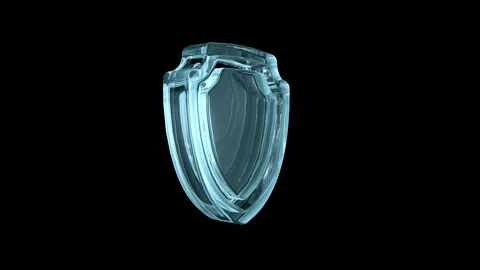 3d render of a futuristic glass shield icon on black background Video stock 344166489