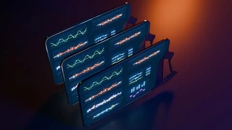 3D render of futuristic glowing tablets arranged in technology background Illustrazione stock