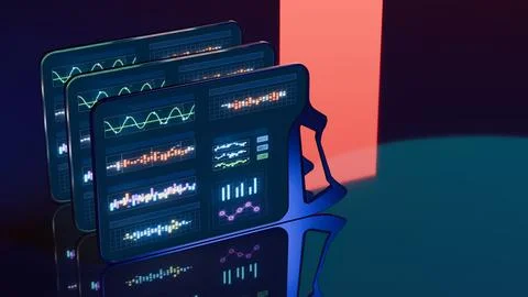 3D render of futuristic glowing tablets in spotlight with digital screens Illustrazione stock