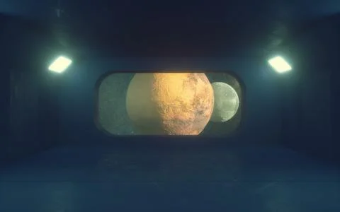 3d render. Futuristic interior and planets Stock Illustration