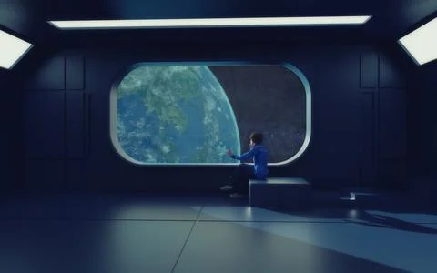 3d render. Futuristic interior and planets Stock Illustration