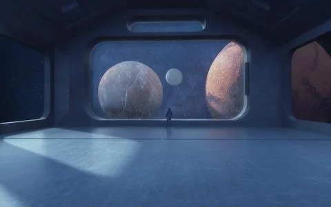 3d render. Futuristic interior and planets Illustrazione stock