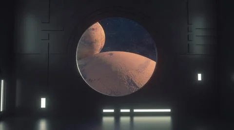 3d render. Futuristic interior and planets Stock-Illustration