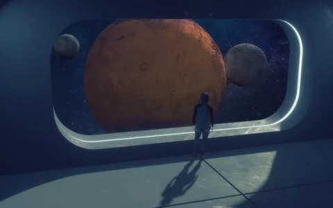 3d render. Futuristic interior and planets Stock Illustration