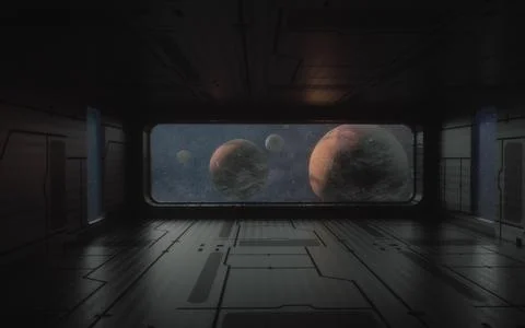 3d render. Futuristic interior and planets Illustrazione stock
