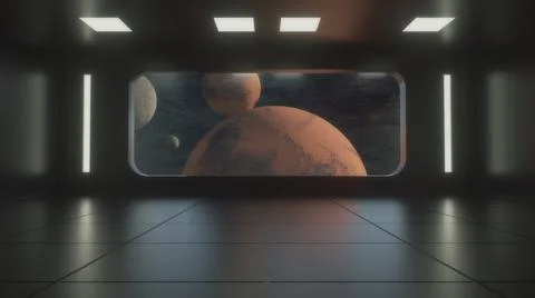 3d render. Futuristic interior and planets Stock Illustration