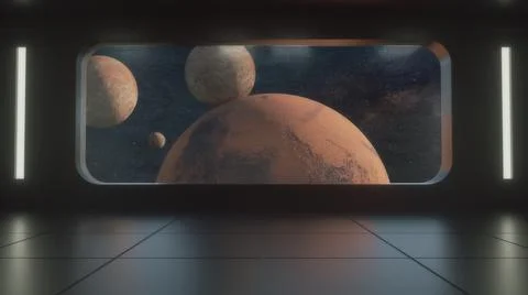3d render. Futuristic interior and planets Stock-Illustration