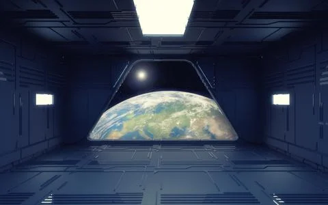 3d render. Futuristic interior and planets Stock Illustration