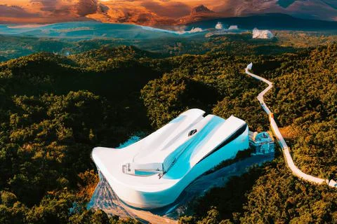 3D render of a futuristic modern abstract building design in rural mountains wit Stock Illustration