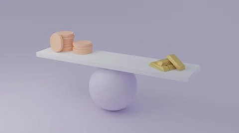 3D render of a futuristic scale comparing coins and gold bars Illustrazione stock