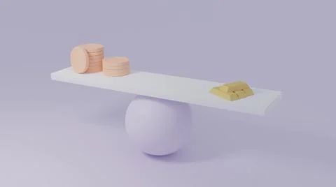 3D render of a futuristic scale comparing coins and gold bars Illustrazione stock