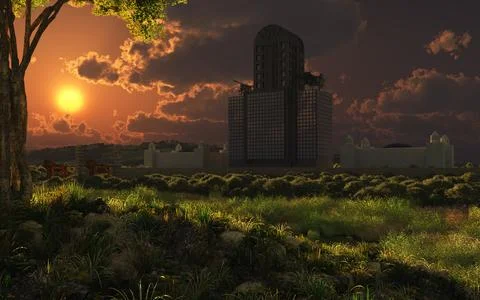 A 3D render of a futuristic sci-fi city viewed from a wilderness with skyscra Stock Illustration
