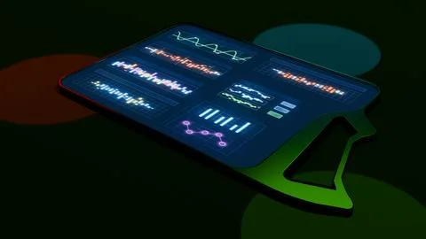 3D render of futuristic tablet with data charts and graphs Illustrazione stock