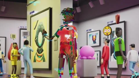 3D render of futuristic virtual museum with avatars Stock Illustration
