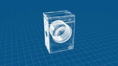 3D Render of Futuristic Washing Machine Blueprint on Blue Grid Background Stock Illustration