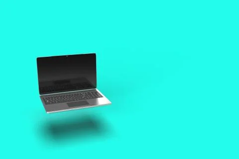 3d render of a futuristic wide screen all screen laptop floating in air in a Stock Illustration