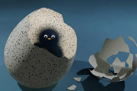 3d render of fuzzy black bird in broken egg shell イラスト素材