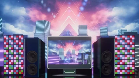 3d render game computer with multimedia accessories, neon lighting Vidéo 273629566