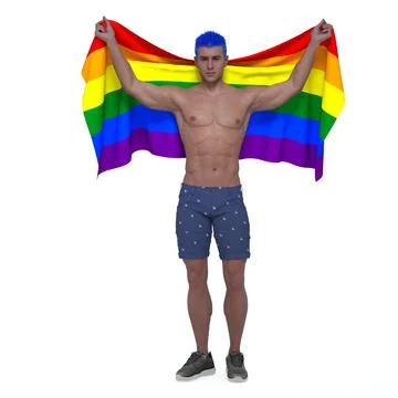 3D Render : gay man holding the pride rainbow flag, LGBT Illustrazione stock