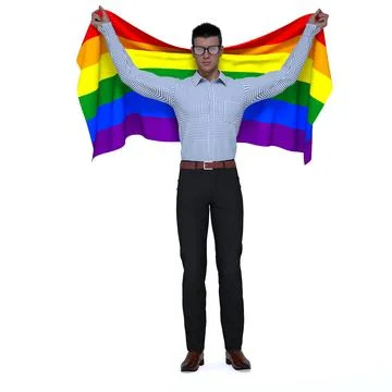 3D Render : gay man holding the pride rainbow flag, LGBT Illustrazione stock