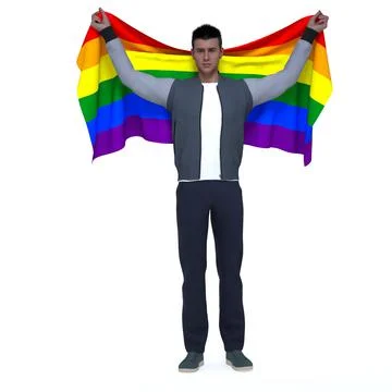 3D Render : gay man holding the pride rainbow flag, LGBT Stock Illustration
