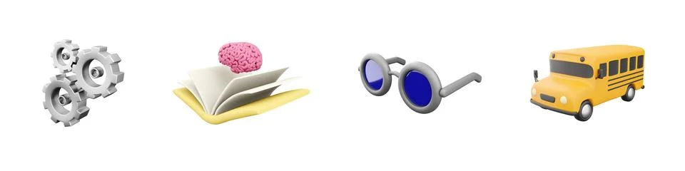 3d render gear ,brain, glasses, school bus icon set on white background. 3d Stock Illustration