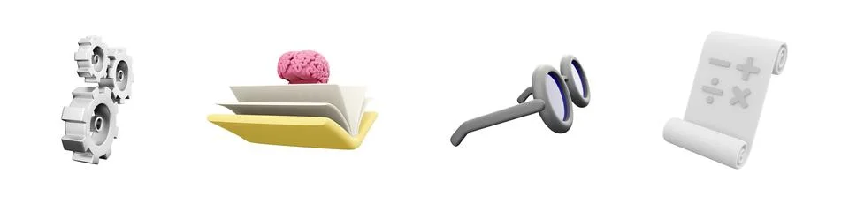 3d render gear, brain, glasses, paper roll icon set on white background. 3d Stockillustratie