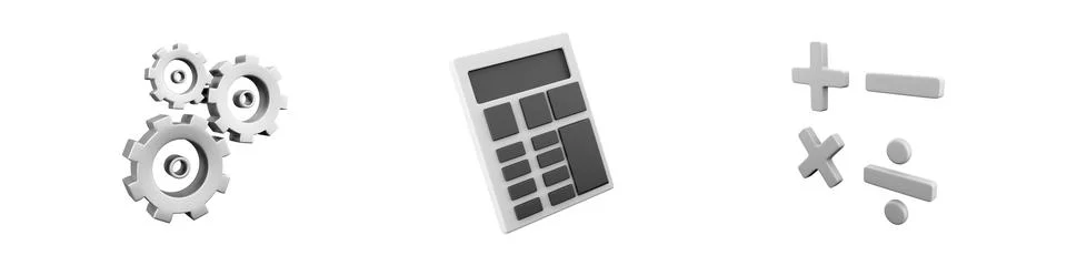 3d render gear, calculator, mathmetical operations icon set on white background Stock Illustration