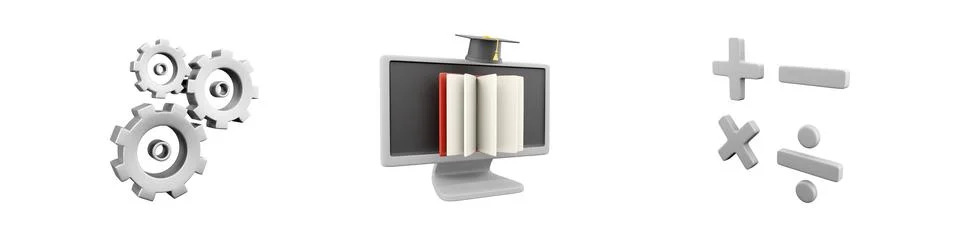 3d render gear, computer, mathmetical operations icon set on white background Stock Illustration